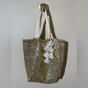 Anthropologie JadeTribe Gold Sequin Tote with Cream Tassels